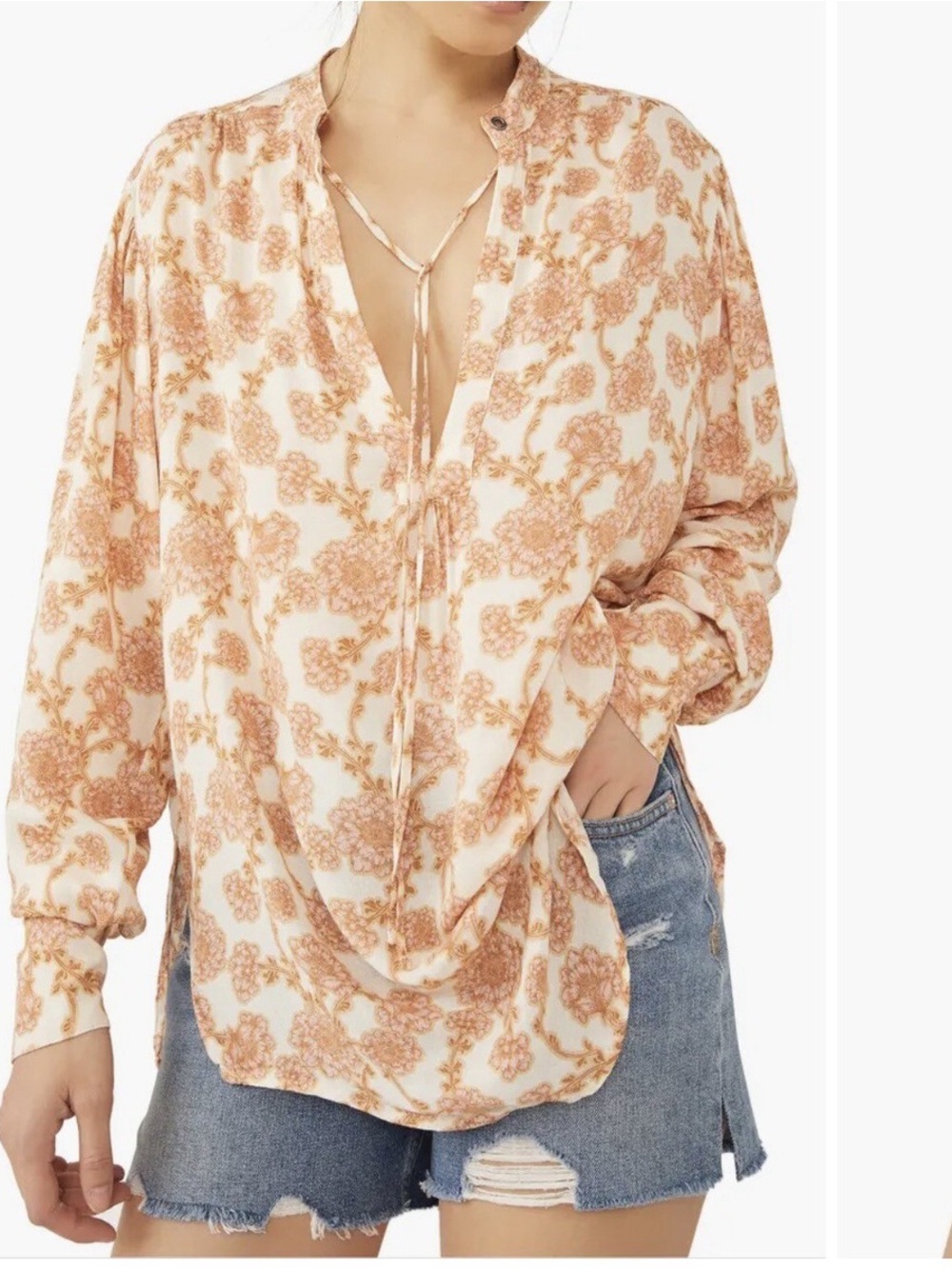 Free People Mia Floral Cotton Woven Tie Crew Keyhole Neck Long Tunic NWT
